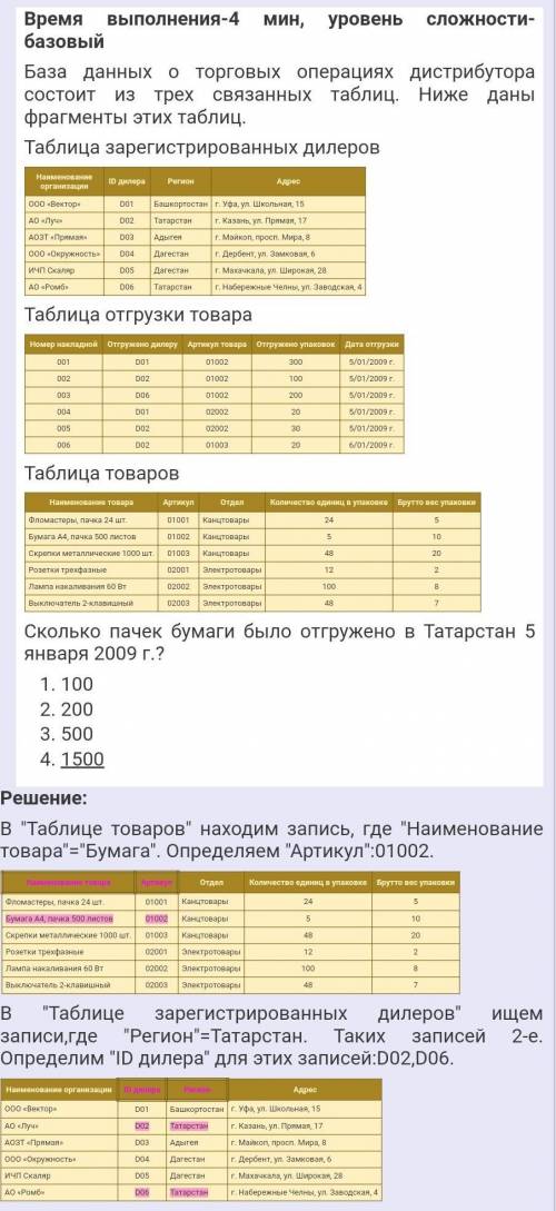 База данных о торговых операциях состоит из трёх связанных таблиц..