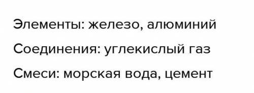 распределите предложенте ниже образцы на элементы соединение и смеси железо дым сок вода углекилый г