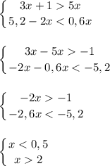 \displaystyle\left \{ {{3x+15x} \atop {5,2-2x-1} \atop {-2x-0,6x-1} \atop {-2,6x