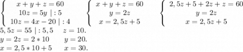 \left\{\begin{array}{ccc}x+y+z=60\\10z=5y\ |:5\\10z=4x-20\ |:4\end{array}\right\ \ \ \ \left\{\begin{array}{ccc}x+y+z=60\\y=2z\\x=2,5z+5\end{array}\right \ \ \ \ \left\{\begin{array}{ccc}2,5z+5+2z+z=60\\y=2z\\x=2,5z+5\end{array}\right\\5,5z=55\ |:5,5 \ \ \ \ z=10.\\y=2z=2*10\ \ \ \ \ \ y=20.\\x=2,5*10+5\ \ \ \ \ x=30.