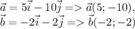 \displaystyle \vec{a} =5 \vec{i}-10 \vec{j} = \displaystyle \vec{a} (5;-10) , \\\vec{b} =-2 \vec{i}-2\vec{j} = \displaystyle \vec{b} (-2;-2)