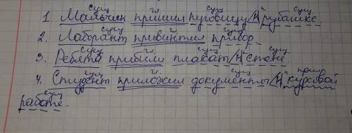 Разберите по членам предложения. 1.Мальчик пришил пуговицу к рубашке. 2.Лаборант привинтил прибор.