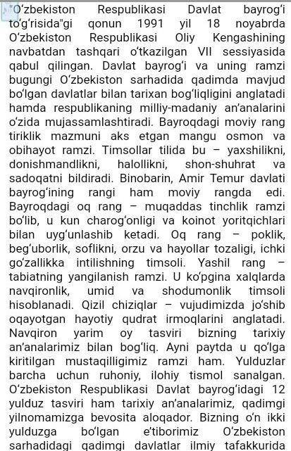 90-mashq. Uyga vazifa. «Mustaqil Oʻzbekiston ramzlari haqida oʻylar» mavzusida matn tuzing. Matnda j