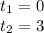 t_{1} = 0 \\ t_{2} = 3