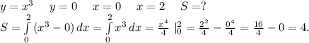 y=x^3\ \ \ \ y=0\ \ \ \ x=0\ \ \ \ x=2\ \ \ \ S=?\\S=\int\limits^2_0 {(x^3-0)} \, dx=\int\limits^2_0 {x^3} \, dx=\frac{x^4}{4} \ |_0^2=\frac{2^2}{4}- \frac{0^4}{4}=\frac{16}{4}-0=4.