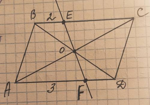 Впараллелограмме АВСD через точку пересечения диагоналей проведена прямая, которая отсекает на сторо