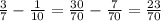 \frac{3}{7} - \frac{1}{10} = \frac{30}{70} - \frac{7}{70} = \frac{23}{70}