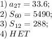 1) \: a_{27}=33.6; \: \; \\ 2) \:S_{60}=5490; \: \\ 3) \: S_{12}=288; \: \: \: \\ 4)\: HET \: \: \: \: \: \: \: \: \: \: \: \;