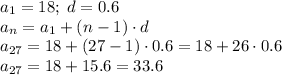 a_1=18; \; d=0.6\\a_{n}=a_1 + (n - 1) \cdot{d} \\ a_{27}=18 +( 27 - 1)\cdot0.6 = 18 + 26\cdot0.6\\a_{27} = 18 + 15.6 = 33.6