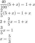 \dfrac{40}{100}(5+x)=1+x\\\dfrac{2}{5}(5+x)=1+x\\2+\dfrac{2}{5}x=1+x\\\dfrac 35 x = 1\\x= \dfrac {5}{3}