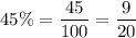 45\%=\dfrac{45}{100}=\dfrac9{20}