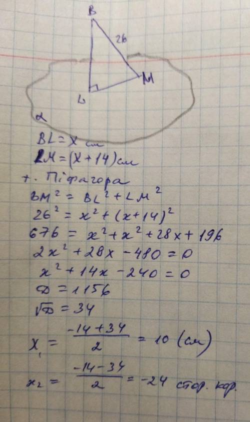 Із точки В до площини проведено пендекуляр BL і похилу BM, що дорівнює 26 см. Знайдіть довжину перпе