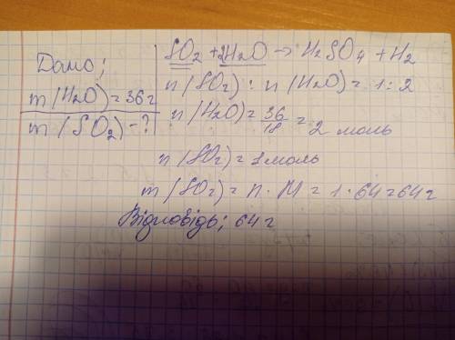 Обчисліть масу Сульфур(ІV) оксиду, що вступив у реакцію з водою масою 36г.