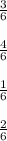 \frac{3}{6} \\ \\ \frac{4}{6} \\ \\ \frac{1}{6} \\ \\ \frac{2}{6}