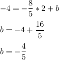 \displaystyle -4=-\frac{8}{5}*2+bb=-4+\frac{16}{5}b=-\frac{4}{5}