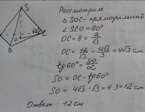 Сторона основни правильної трикутної піраміди дорівнює 12 см а бічна грань утворює з площиною основи
