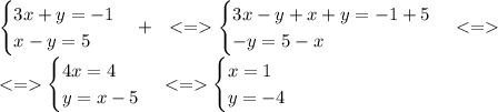 \begin{cases}3x + y = - 1 \\ x - y = 5 \end{cases} {+ } \: \: \: < = \begin{cases}3x - y + x + y= - 1 + 5\\ - y = 5 - x \end{cases} \\ \begin{cases}4x = 4\\ y = x -5 \end{cases} < = \begin{cases}x = 1 \\ y = - 4 \end{cases}