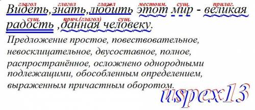 Полный синтаксический разбор предложения . Дать характеристику . Видеть,знать,любить этот мир - вели