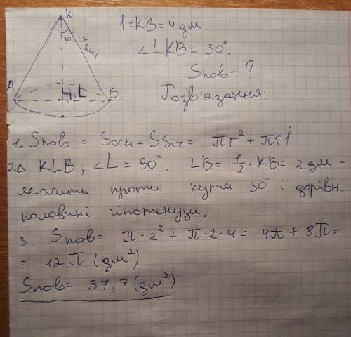 Будь ласка до іть вирішати задачу ❤️ Твірна конуса дорівнює 4дм а кут між нею і висотою конуса дорів