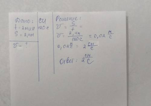 муравей несёт соломинку.За 2 минуты он проделал путь, равный 2,4 метра. с какой скоростью двигался м