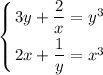 \displaystyle\left \{ {{3y+\dfrac{2}{x} =y^3} \atop {2x+\dfrac{1}{y}=x^3 }} \right.