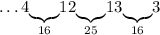 \ldots4\underset{16}{\underbrace{}}12\underset{25}{\underbrace{}}13\underset{16}{\underbrace{}}3