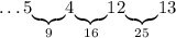 \ldots5\underset{9}{\underbrace{}}4\underset{16}{\underbrace{}}12\underset{25}{\underbrace{}}13