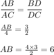 \dfrac{AB}{AC} = \dfrac{BD}{DC} \\ \\ \frac{AB}{4} = \frac{3}{2} \\ \\ AB = \frac{4 \times 3}{2} = 6