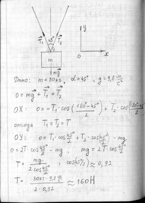 1. Тело массой 30 кг Подвешенно на двух нерастяжимых троссах. Они остаются в равновесном состоянии о
