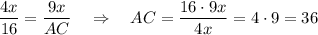 \dfrac{4x}{16}=\dfrac{9x}{AC}\ \ \ \Rightarrow \ \ \ AC=\dfrac{16\cdot 9x}{4x}=4\cdot 9=36