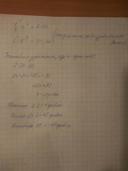 Наталка , Сашко і Дмитро мають поділити між собою 92 гривні так, щоб сума Наталки відносилась до сум