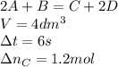 2A+B=C+2D\\V=4dm^3\\\Delta t=6s\\\Delta n_{C}=1.2mol