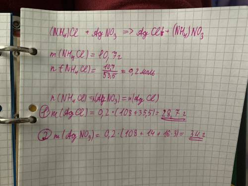 К раствору, содержащему 10,7 г. хлорида аммония, прибавили избыток раствора нитрата серебра. Определ