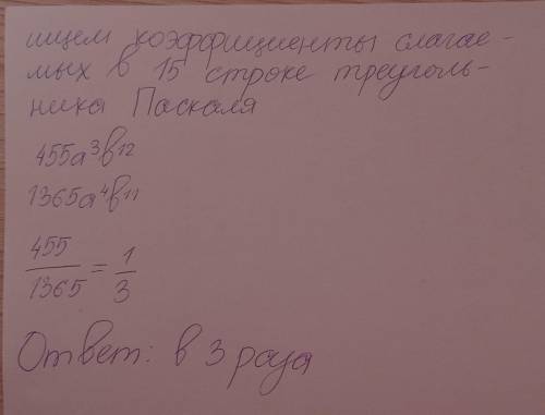 В выражении (a+b)¹⁵ раскрыли скобки и привели подобные слагаемые. Во сколько раз коэффиецент при a³b