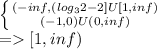 \left \{ {(-inf, (log_3 2 - 2] U [1, inf)} \atop {(-1, 0) U (0, inf)}} \right. \\= [1, inf)\\