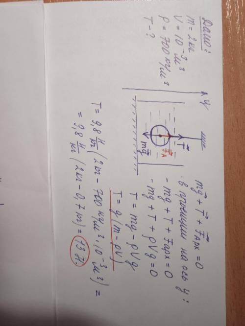 груз массой m = 2, 0 кг и объёмом V = 1 л, подвешенный на тонкой нити, целиком погружен в жидкость и