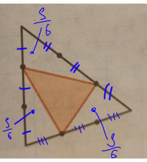 Площадь треугольника равна 1.Каждая его сторона отмеченными точками делится на равные части. Найдите