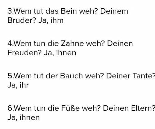 Wem tun die Zähne weh? Wem tut der Bauch weh? Wem tun die Füße weh? Wem tut der Rücken weh? Wem tun