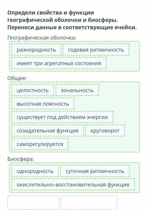 Определи свойства и функции географической оболочки и биосферы. перенеси данные в соответствующие яч