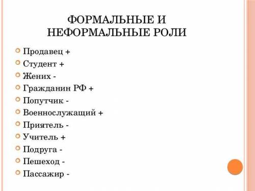 Отметьте формальные роли знаком + , а неформальные знаком - Продавец Студент Жених Гражданин РФ