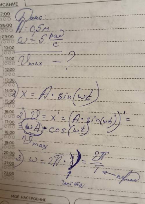 Амплитуда колебания равен 0.5 м. а циклическая частота 5 рад/c. Найти максимальную скорость???