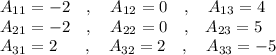 A_{11}=-2\ \ \ ,\ \ \ A_{12}=0\ \ \ ,\ \ \ A_{13}=4\\A_{21}=-2\ \ \ ,\ \ \ A_{22}=0\ \ \ ,\, \ \ A_{23}=5\\A_{31}=2\ \ \ \ \ ,\ \ \ A_{32}=2\ \ \ ,\ \ \ A_{33}=-5