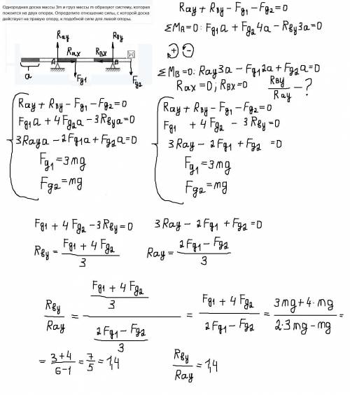 Однородная доска массы 3m и груз массы m образуют систему, которая покоится на двух опорах. Определи