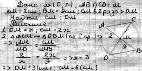 Хорды АВ и СD окружности пересекаются в точке М. АМ = 2см, ВМ = 9см, а отрезок СМ в 2 раза больше от