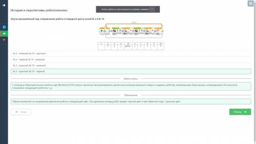 История и перспективы робототехники Изучи программный код, направление робота и определи цвета полей