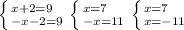 \displatstyle \left \{ {{x+2=9}\hfill \atop {-x-2=9}} \right. \left \{ {{x=7} \hfill \atop {-x=11}} \right. \left \{ {{x=7} \hfill\atop {x=-11}} \right.