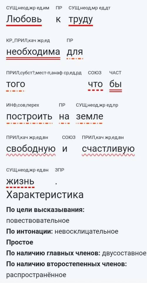 Произведите грамотическии разбор предложения: Любовь к труду необходима для того что бы построить на