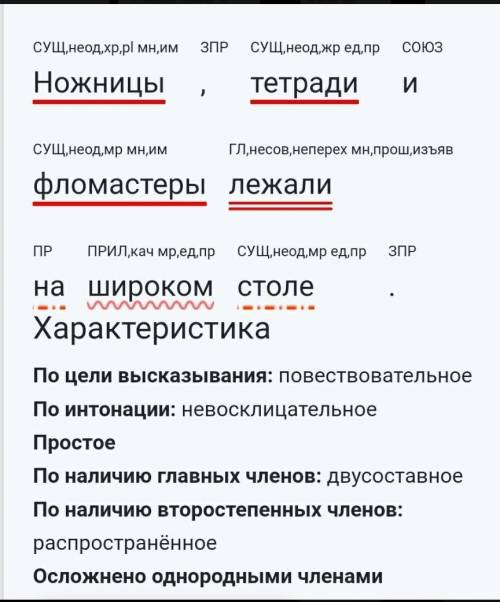 сделайте морфологический разбор предложения: ножницы, тетради и фломастеры лежали на широком столе.