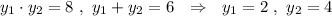 y_1\cdot y_2=8\ ,\ y_1+y_2=6\ \ \Rightarrow \ \ y_1=2\ ,\ y_2=4