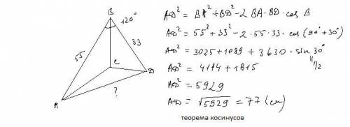 Угол между двумя наклонными, проведёнными к плоскости из одной точки, равен 120° . Найди расстояние